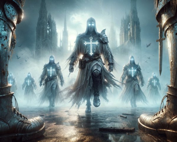 Ethereal Scene with Hooded Figures in Gothic Landscape