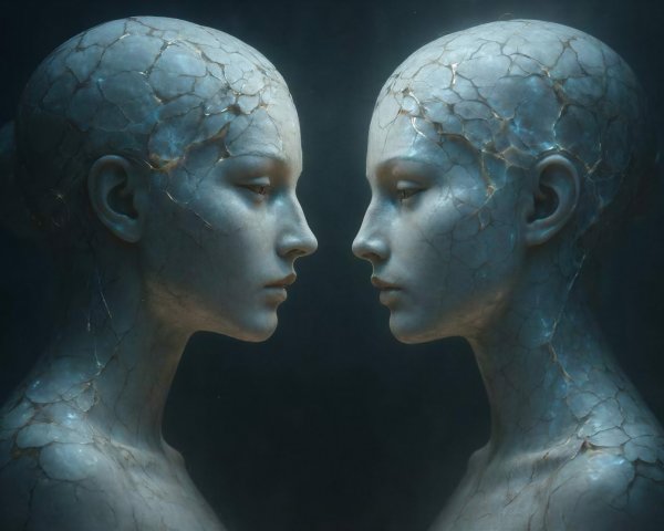 Twins in Profile with Gold-Tinged Cracks on Skin