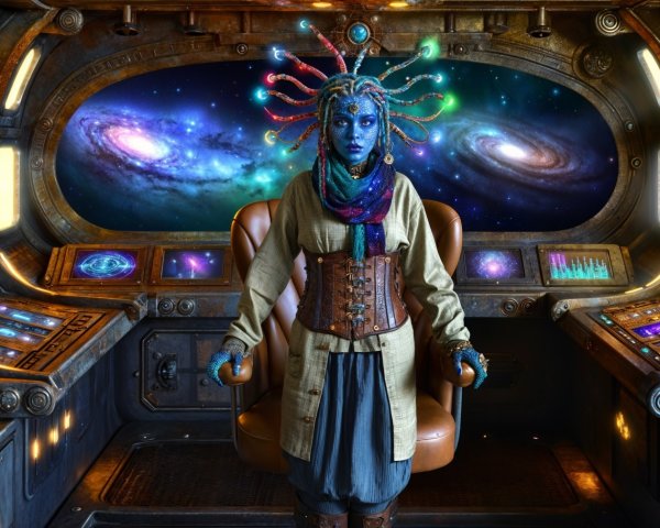 Steampunk Cockpit with Cosmic Backdrop and Vibrant Figure