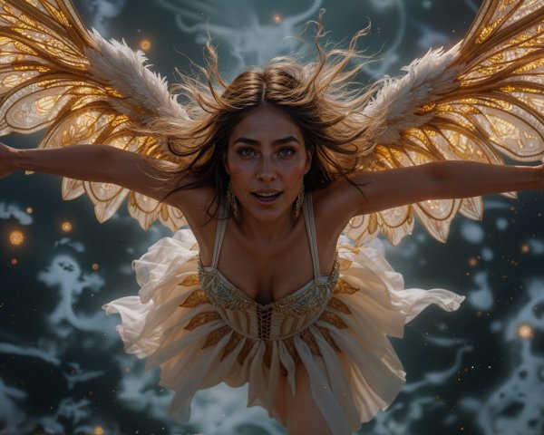 Celestial Figure with Intricate Wings in Ethereal Light
