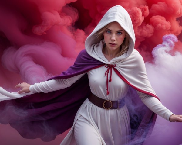 Young woman in cloak amidst swirling red and pink smoke