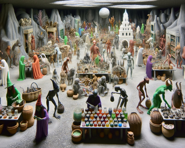 Mythical Marketplace with Creatures and Vibrant Colors