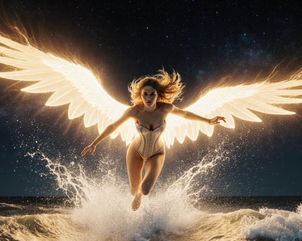 Ethereal Woman with Wings Leaping from Ocean Wave