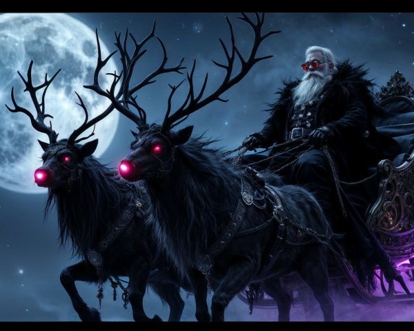 Dark Santa Claus in Sleigh with Demonic Reindeer
