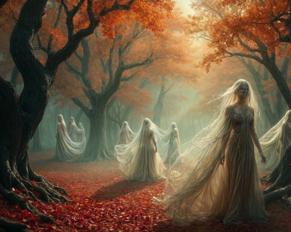 Mystical forest with autumn hues and ethereal figures
