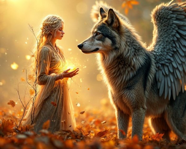 Mystical forest scene with girl and winged wolf