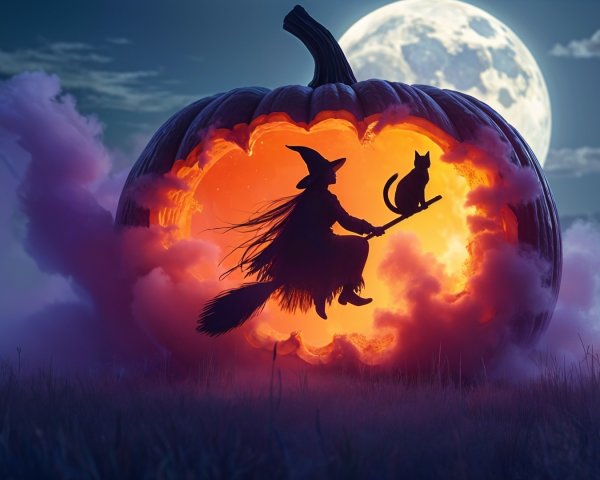 Glowing Pumpkin and Witch in Mystical Halloween Scene