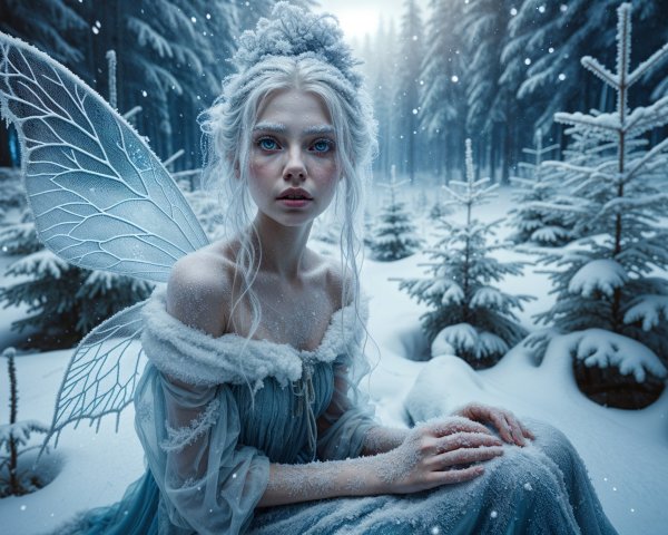 Serene Winter Scene with a Fairy in Snowy Forest