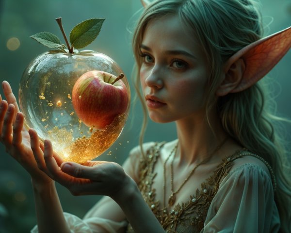 Young girl with pointed ears in a magical forest scene