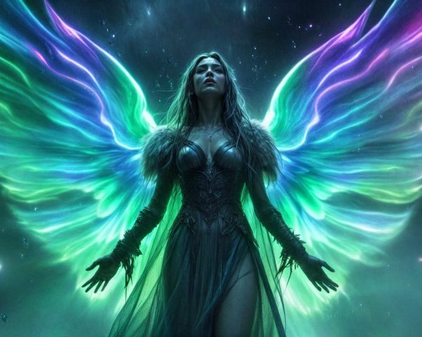 Mystical figure with iridescent wings in starry scene