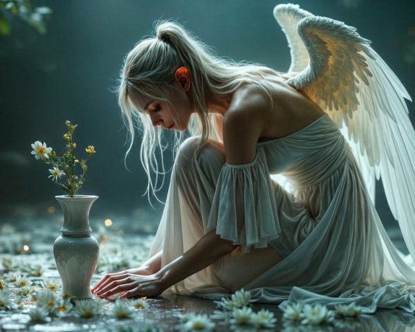 Ethereal Scene of Woman with White Wings and Flowers
