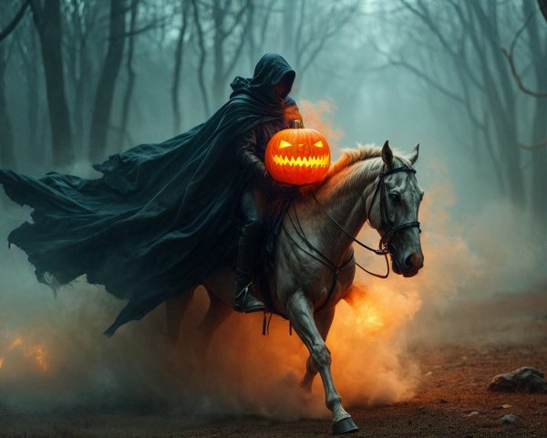Cloaked Figure on White Horse in Misty Forest Scene
