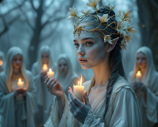 Ethereal Figures in Misty Forest with Candles