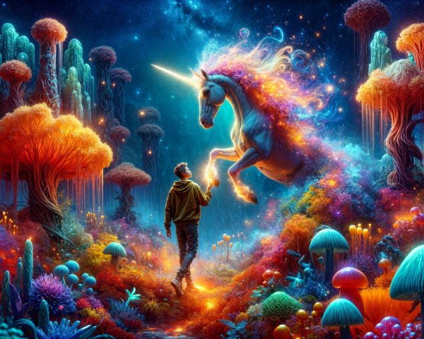 Surreal Landscape with Unicorn and Vibrant Colors