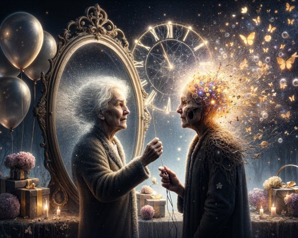 Elderly Woman's Reflection in Ethereal Dream Setting