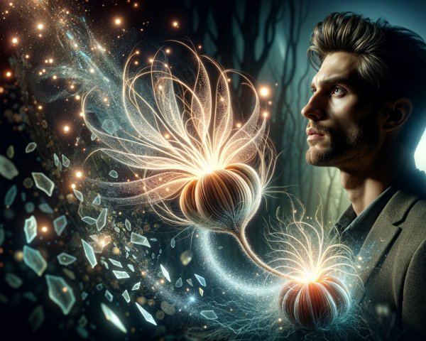 Contemplative Man in Dark Forest with Glowing Orbs