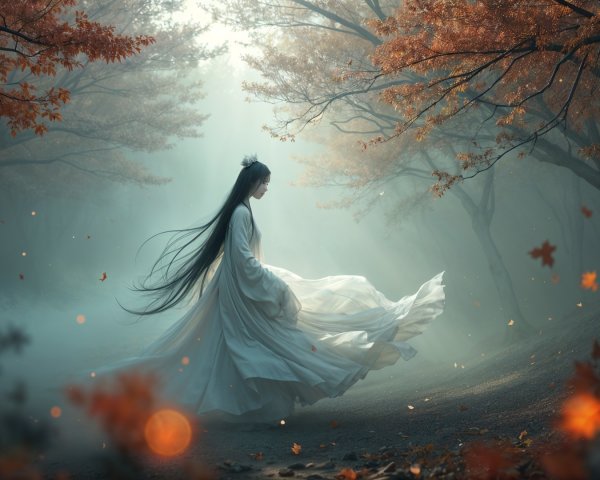 Ethereal Figure Twirling in Autumn Forest Setting