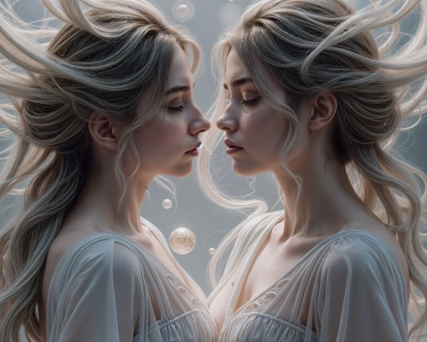 Mirrored Profiles of a Young Woman with Roses and Orbs