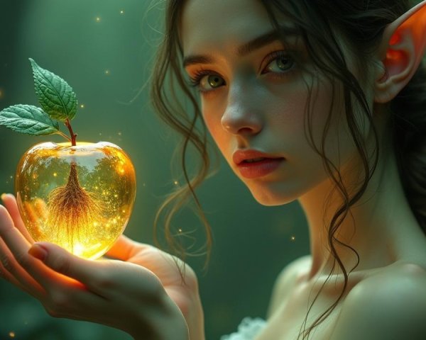 Mystical forest scene with ethereal woman and glowing apple