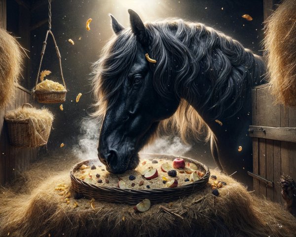 Black Horse by Rustic Table with Fruits and Nuts