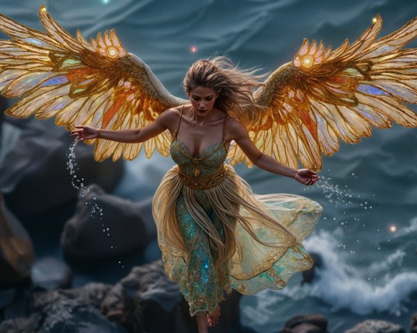 Mystical Figure with Golden Wings on Rocky Shoreline