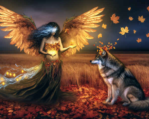 Mystical Autumn Landscape with Winged Figure and Wolf