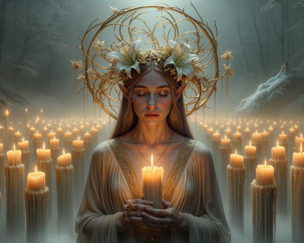 Mystical forest scene with serene figure and candles