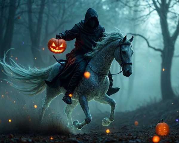 Cloaked Figure on White Horse in Misty Forest