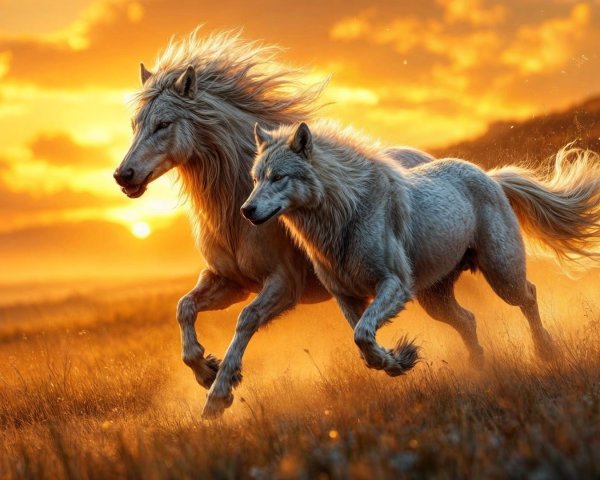 Horse and wolf running in a sunlit meadow scene