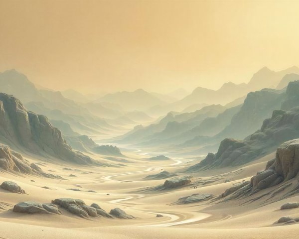 Desert Valley Landscape with Mountains and Golden Sky
