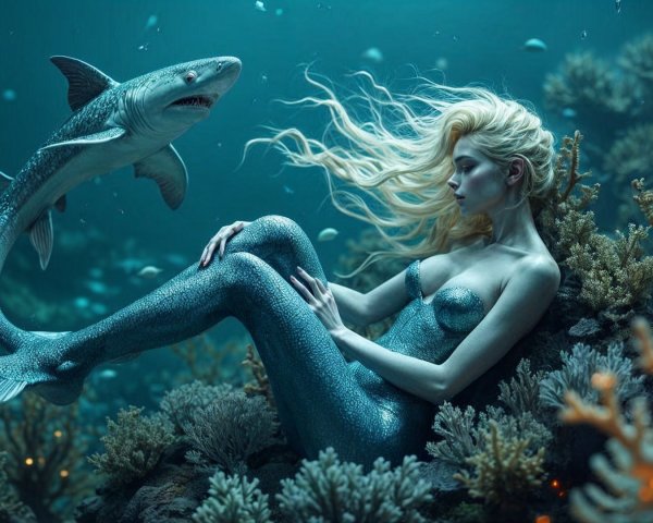 Mermaid in Coral Reefs with Shark and Marine Life