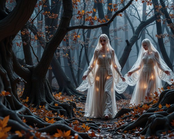 Ethereal Figures in Misty Forest with Twisted Roots