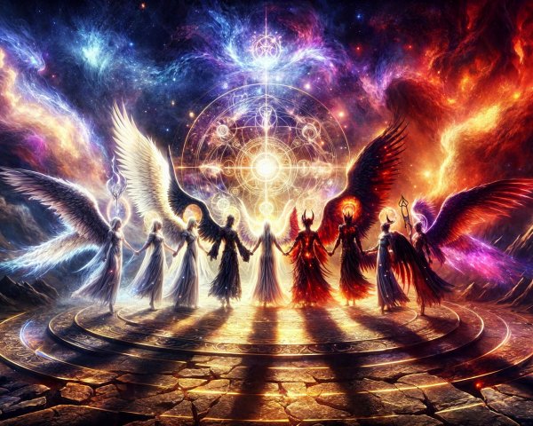 Ethereal Figures with Wings in Cosmic Scene