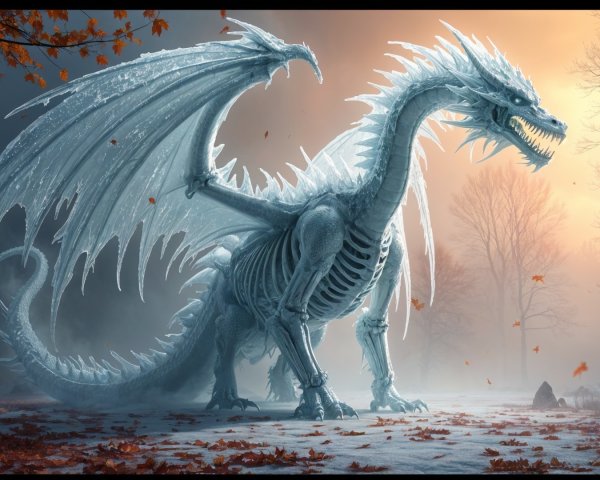 Skeletal dragon in misty landscape at sunset