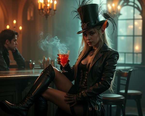 Mysterious Woman in Leather Outfit at Dim Bar