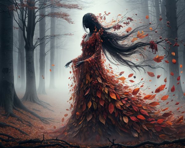 Mysterious Figure in Ethereal Autumn Forest Setting