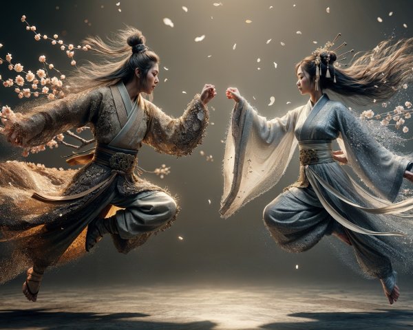 Martial Artists in Mid-Air Confrontation with Petals