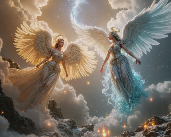Ethereal Angels in Majestic Clouds with Shimmering Wings
