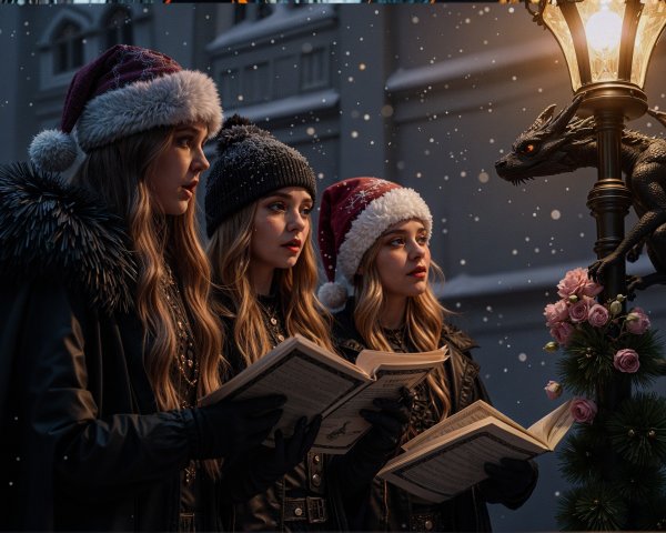 Young Women in Winter Coats Singing Under Streetlamp