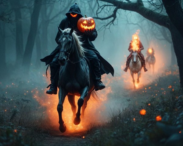 Cloaked Figure on Horse with Glowing Jack-o'-Lantern