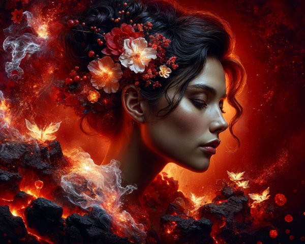 Portrait of a woman in a fiery, floral atmosphere