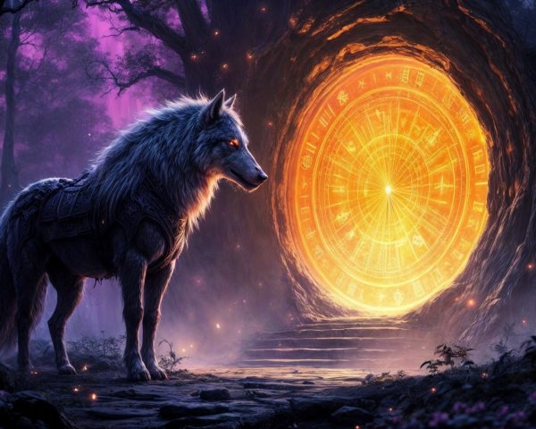 Majestic white wolf in mystical forest with portal