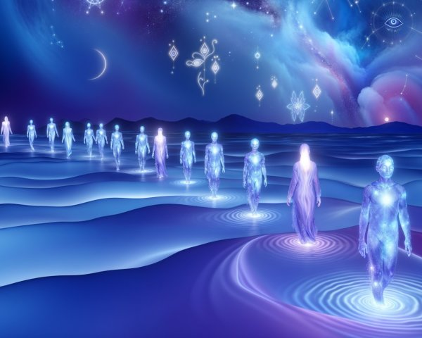 Serene Blue and Purple Landscape with Ethereal Figures