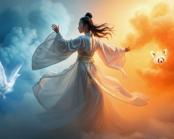 Mystical Dance in Flowing Attire Amidst Colorful Clouds