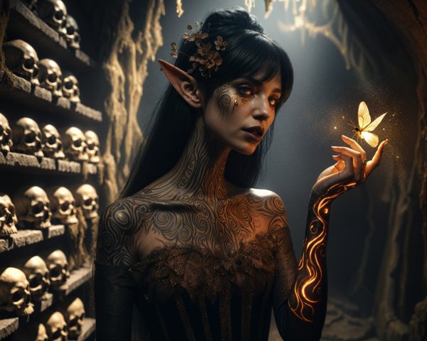 Mystical Figure in Cavern Surrounded by Golden Skulls