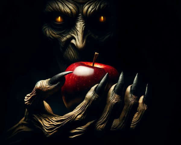 Sinister Figure with Red Apple in Dark Atmosphere