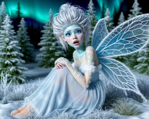 Fairy in a Winter Landscape with Northern Lights