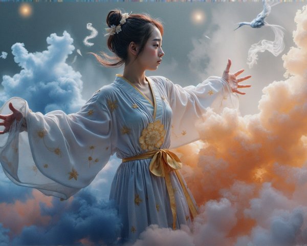 Young woman in floral robe among vibrant clouds