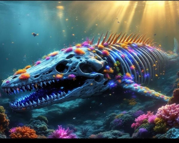 Giant Skeletal Marine Creature in Vibrant Underwater Scene