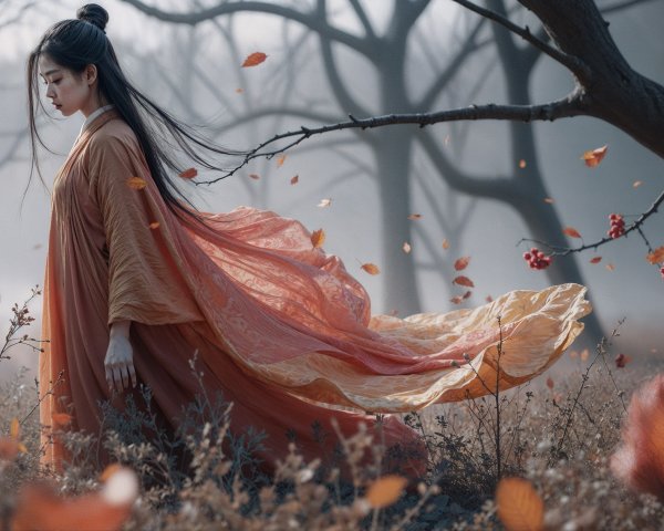 Woman in Orange Gown in Misty Autumn Landscape